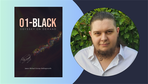 Image shows Upper Hutt based author James Hollingsworth and the cover design of his latest book 01-Black Odyssey on Demand.