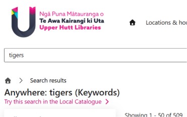 A search bar of the Upper Hutt Libraries catalogue, showing a link to the new SMART library catalogue.
