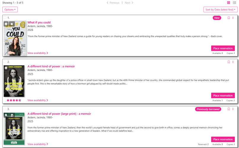 Example of library search results with alerts